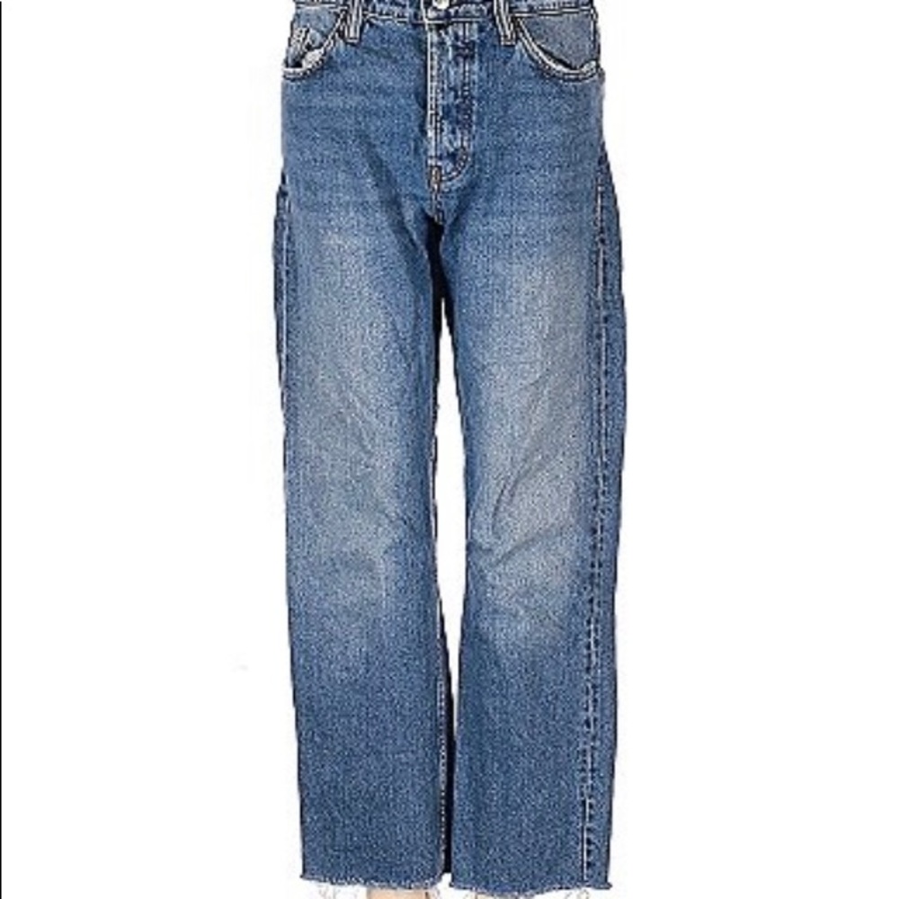 Zara TRF Straight Leg High Rise Raw Hem Jeans Medium Wash Sz 6